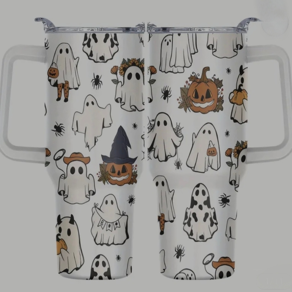 White Ghost & Pumpkin Stainless Tumbler Set - Halloween Drinkware